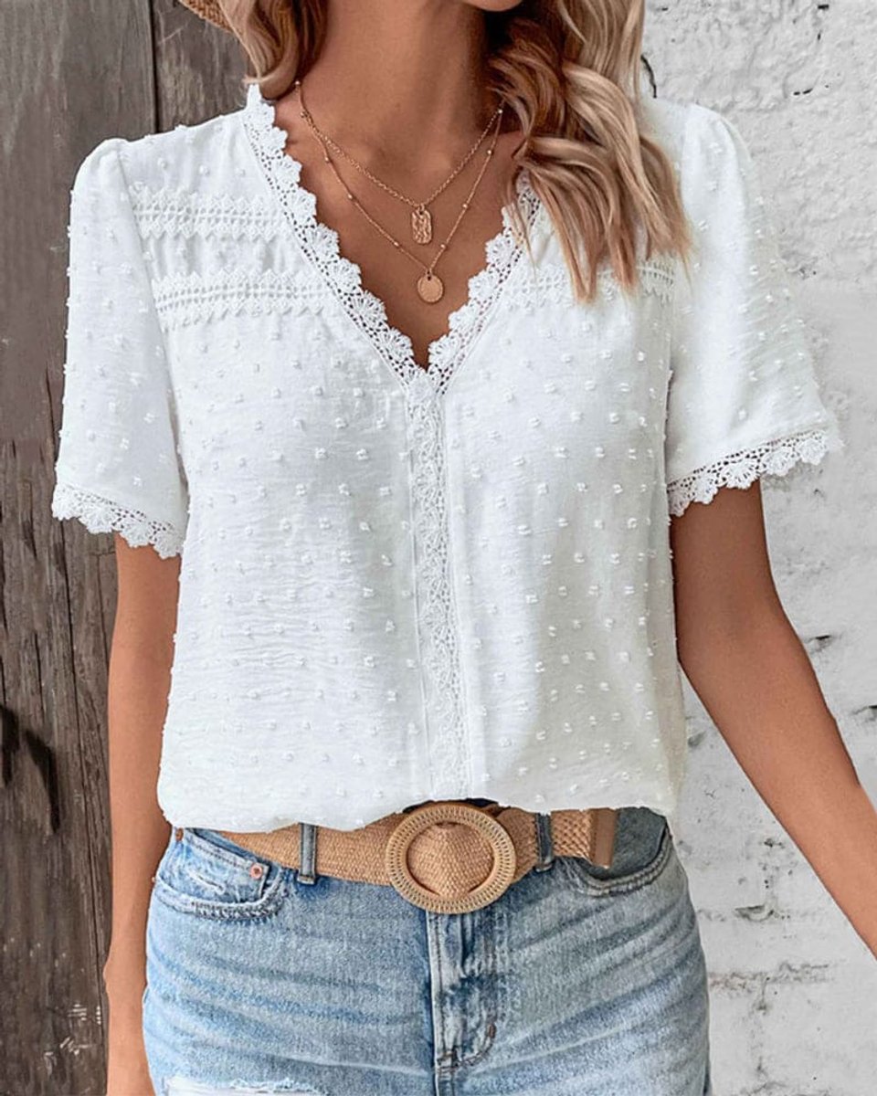 Women's Vintage Lace-Trim Textured V-Neck Summer Blouse