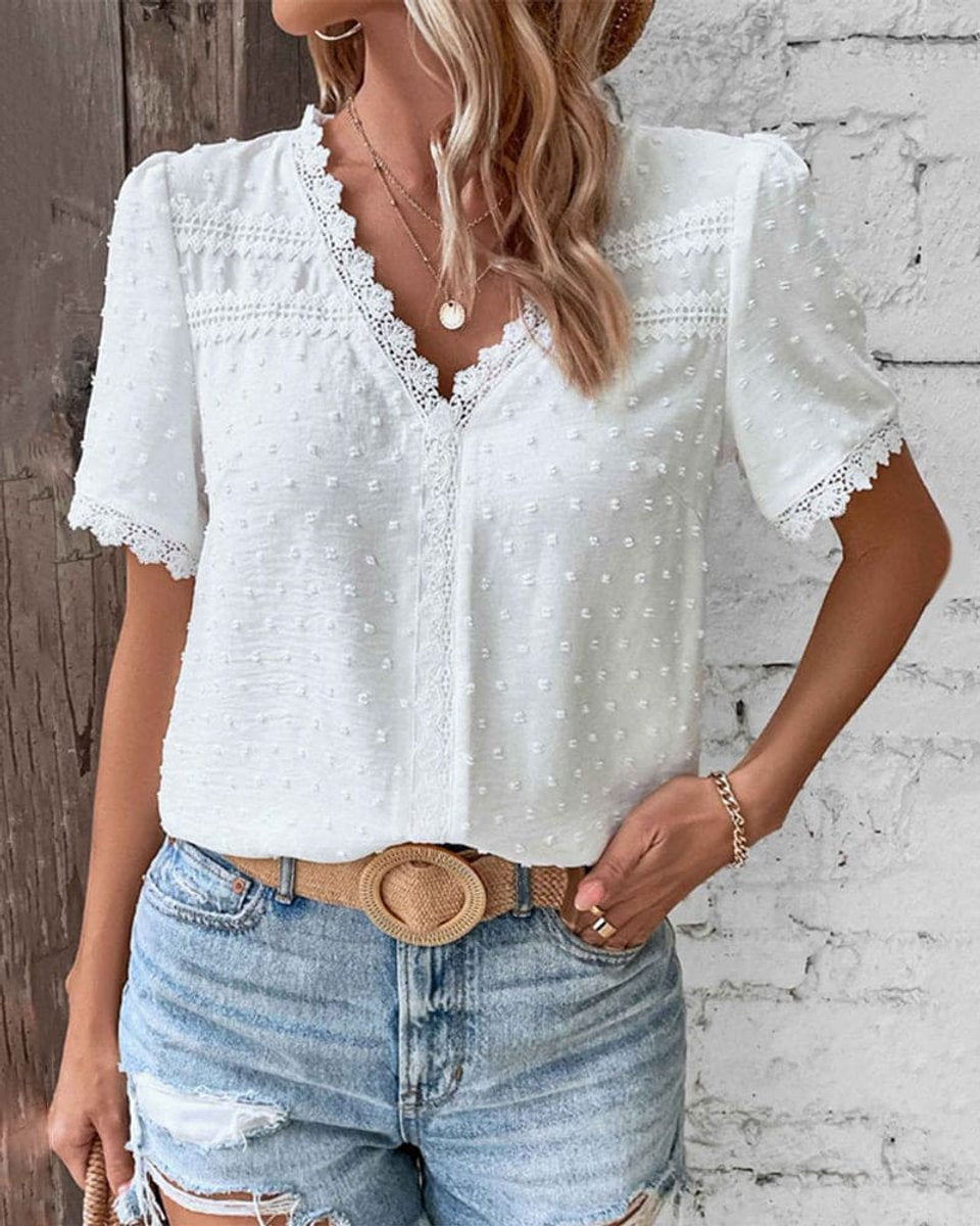 Women's Vintage Lace-Trim Textured V-Neck Summer Blouse