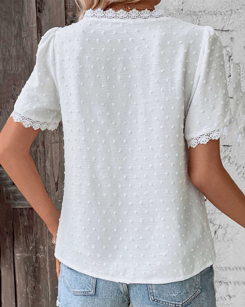 Women's Vintage Lace-Trim Textured V-Neck Summer Blouse