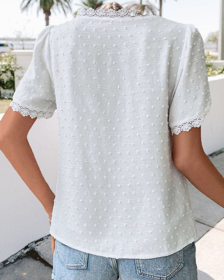 Women's Vintage Lace-Trim Textured V-Neck Summer Blouse