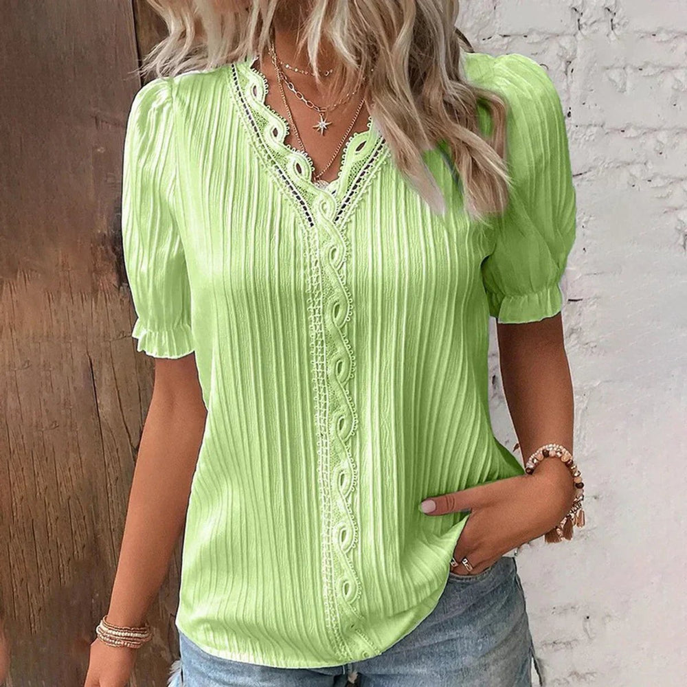 Women's Vintage Lace-Trim V-Neck Puff Sleeve Pleated Blouse
