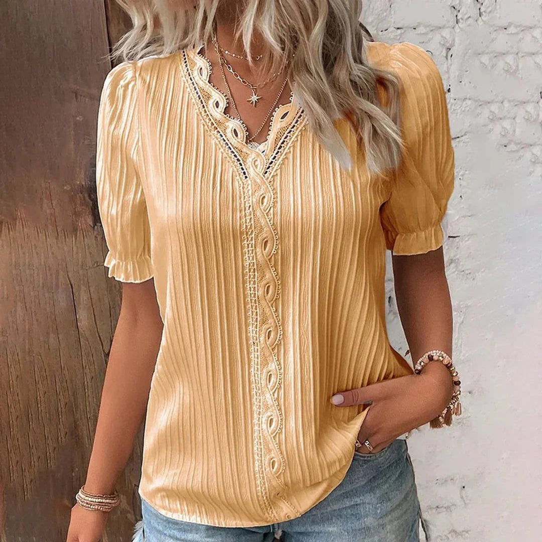 Women's Vintage Lace-Trim V-Neck Puff Sleeve Pleated Blouse
