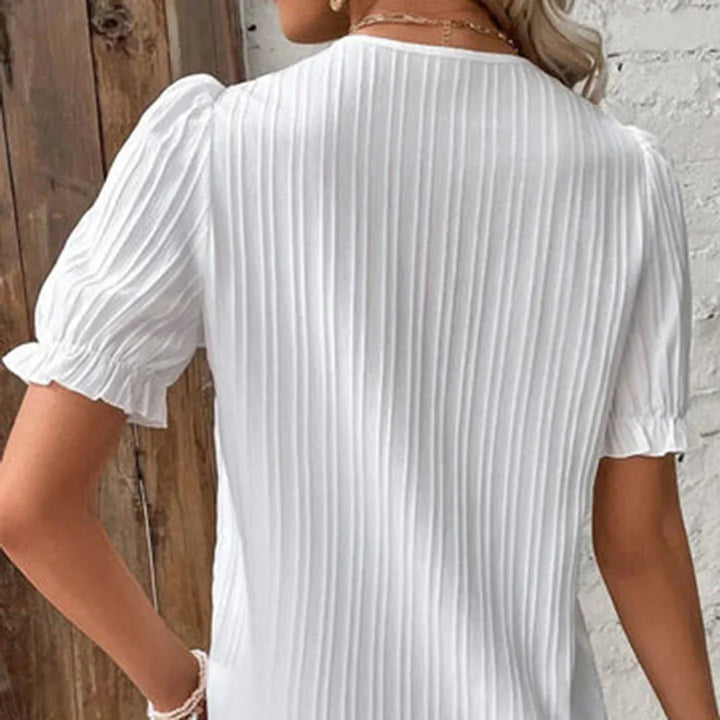Women's Vintage Lace-Trim V-Neck Puff Sleeve Pleated Blouse