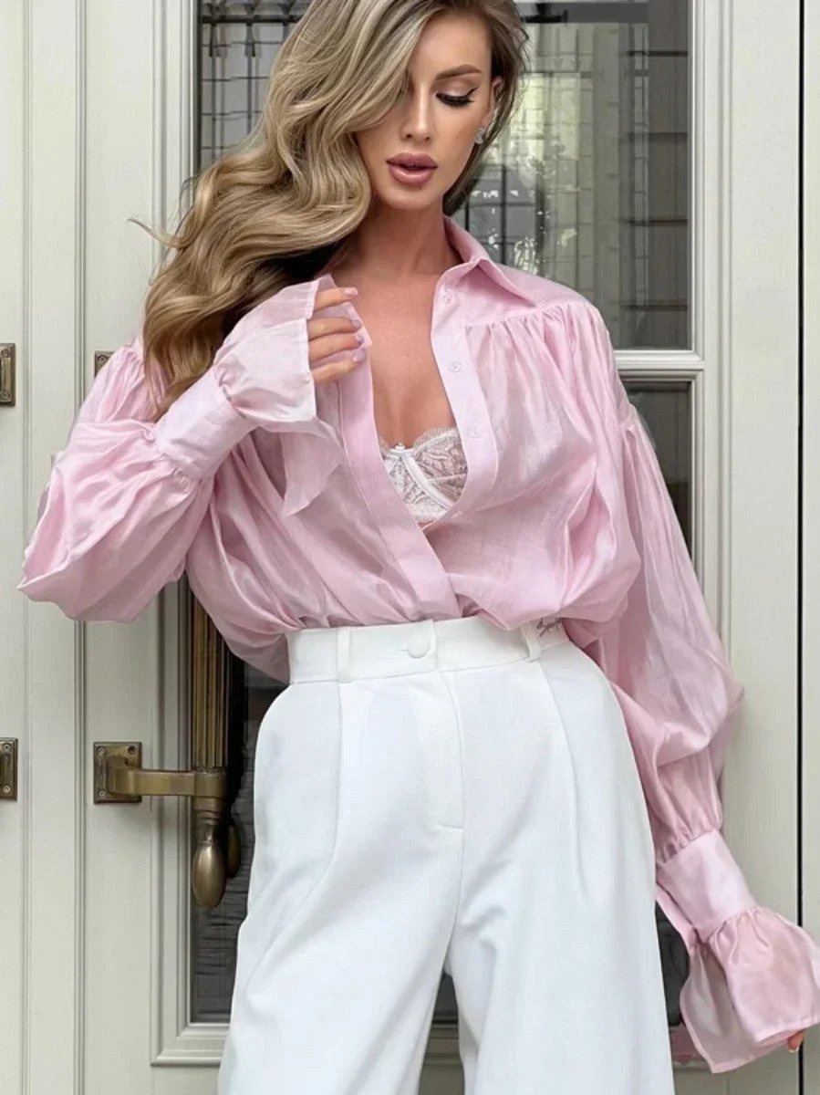 Women's Vintage Long-Sleeve Flared Cuff Oversized Blouse