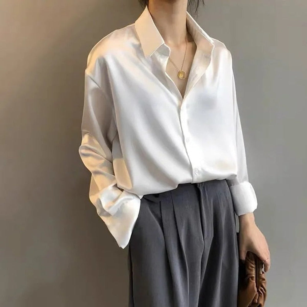 Women's Vintage Long-Sleeve Satin Blouse Relaxed Tailored Fit