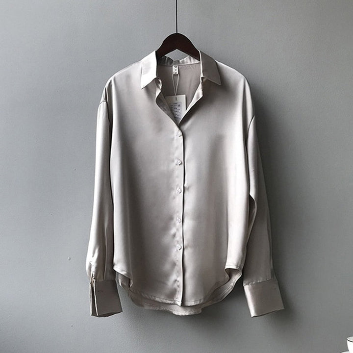 Women's Vintage Long-Sleeve Satin Blouse Relaxed Tailored Fit