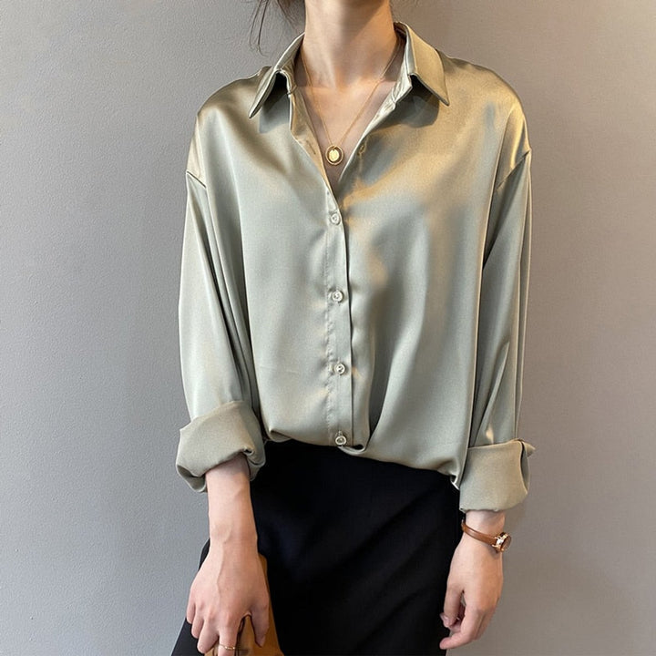 Women's Vintage Long-Sleeve Satin Blouse Relaxed Tailored Fit