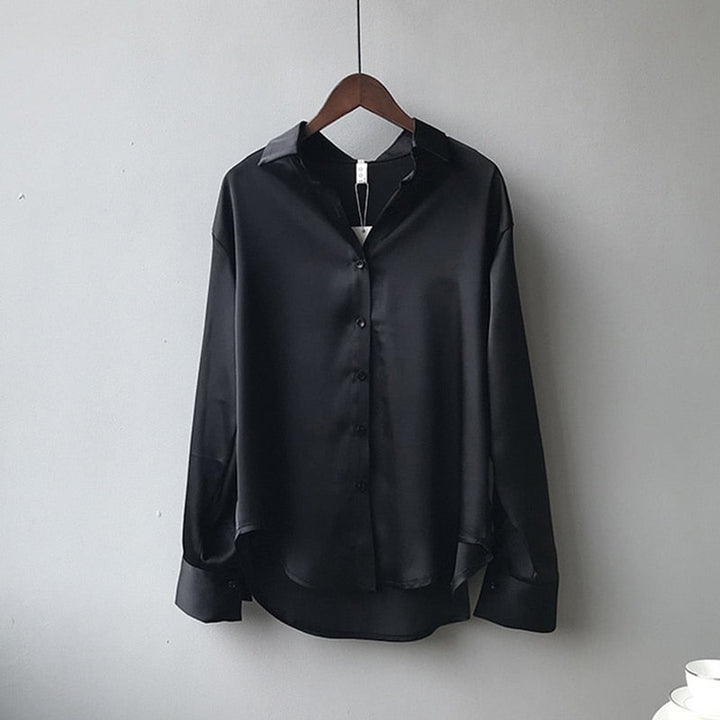 Women's Vintage Long-Sleeve Satin Blouse Relaxed Tailored Fit
