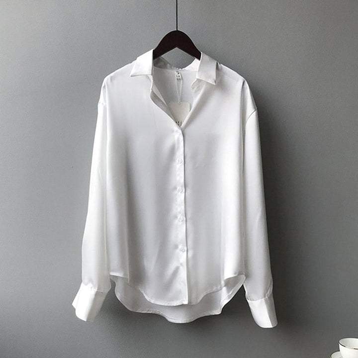 Women's Vintage Long-Sleeve Satin Blouse Relaxed Tailored Fit