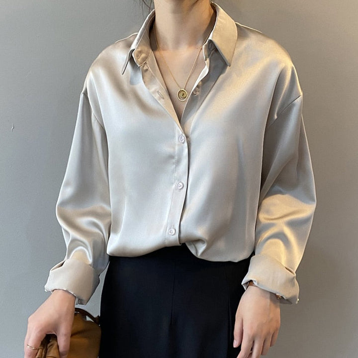 Women's Vintage Long-Sleeve Satin Blouse Relaxed Tailored Fit