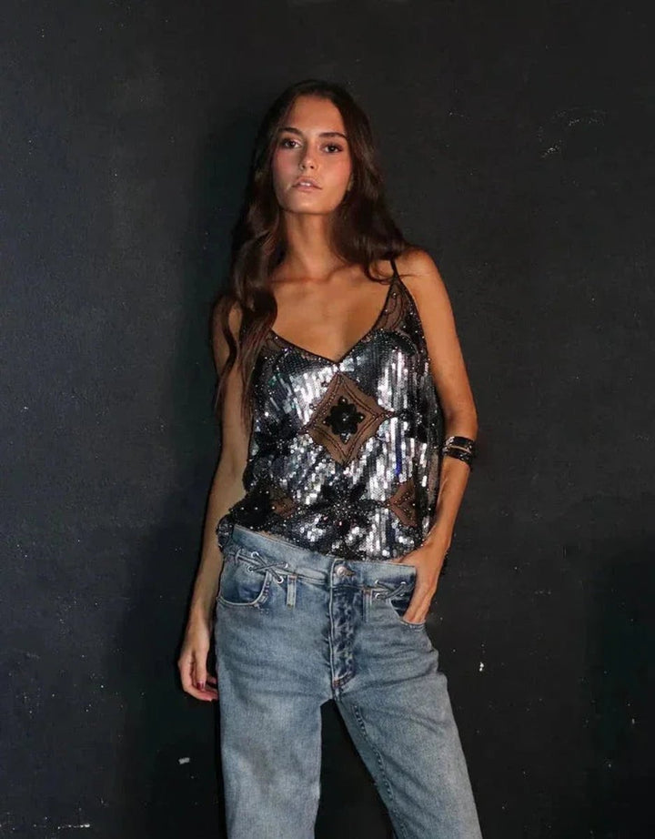 Women's Vintage Sequin Embellished Sleeveless Evening Blouse Top