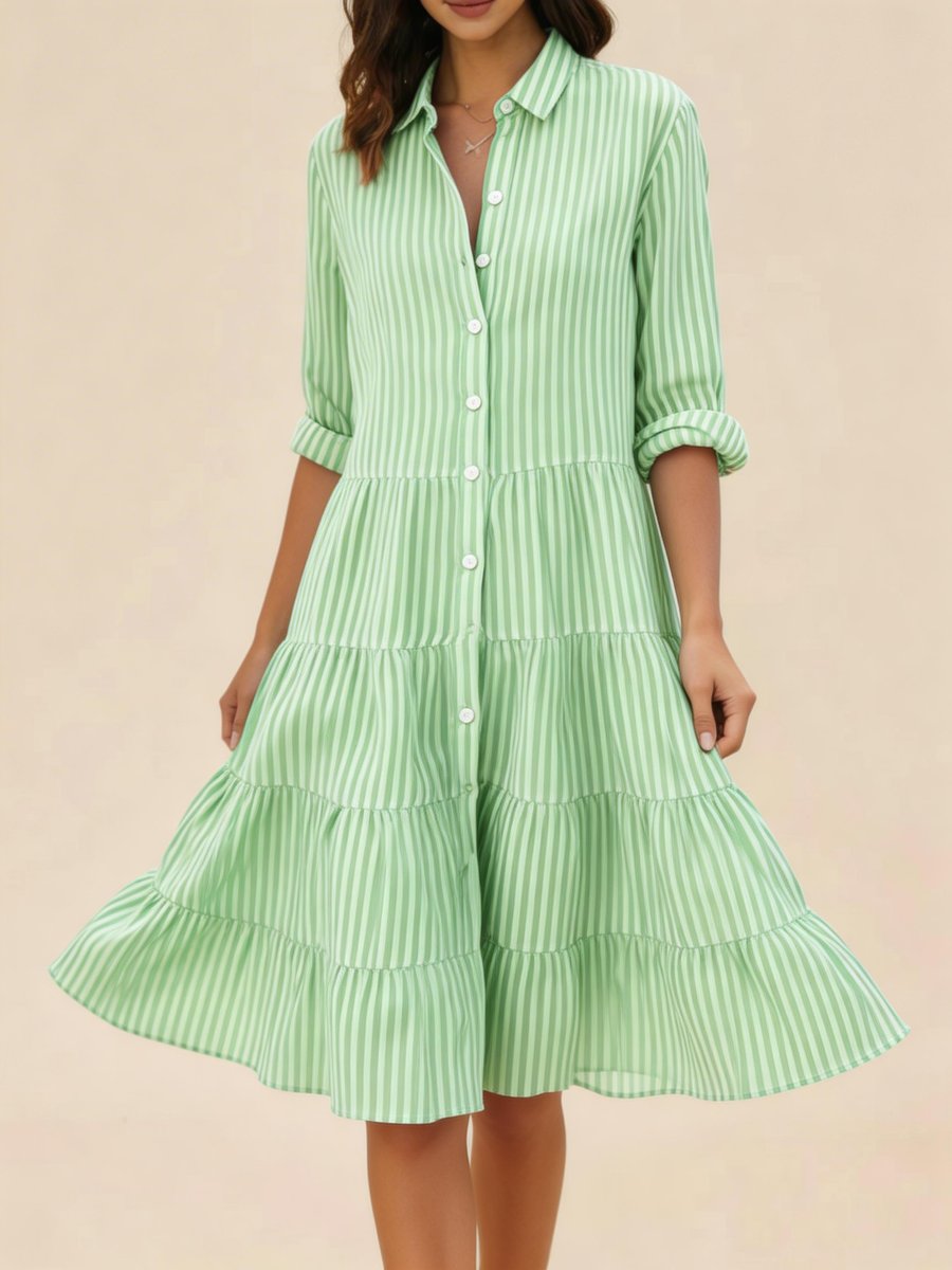 Women's Vintage Striped Blouse Loose Shirt-Collar Midi Dress