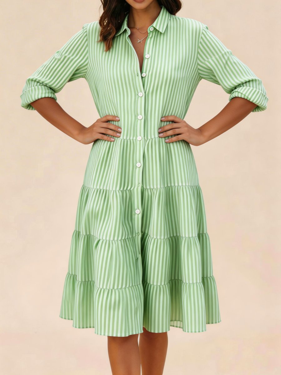 Women's Vintage Striped Blouse Loose Shirt-Collar Midi Dress