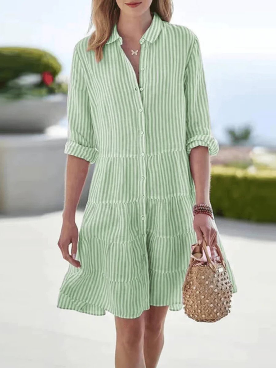 Women's Vintage Striped Blouse Loose Shirt-Collar Midi Dress