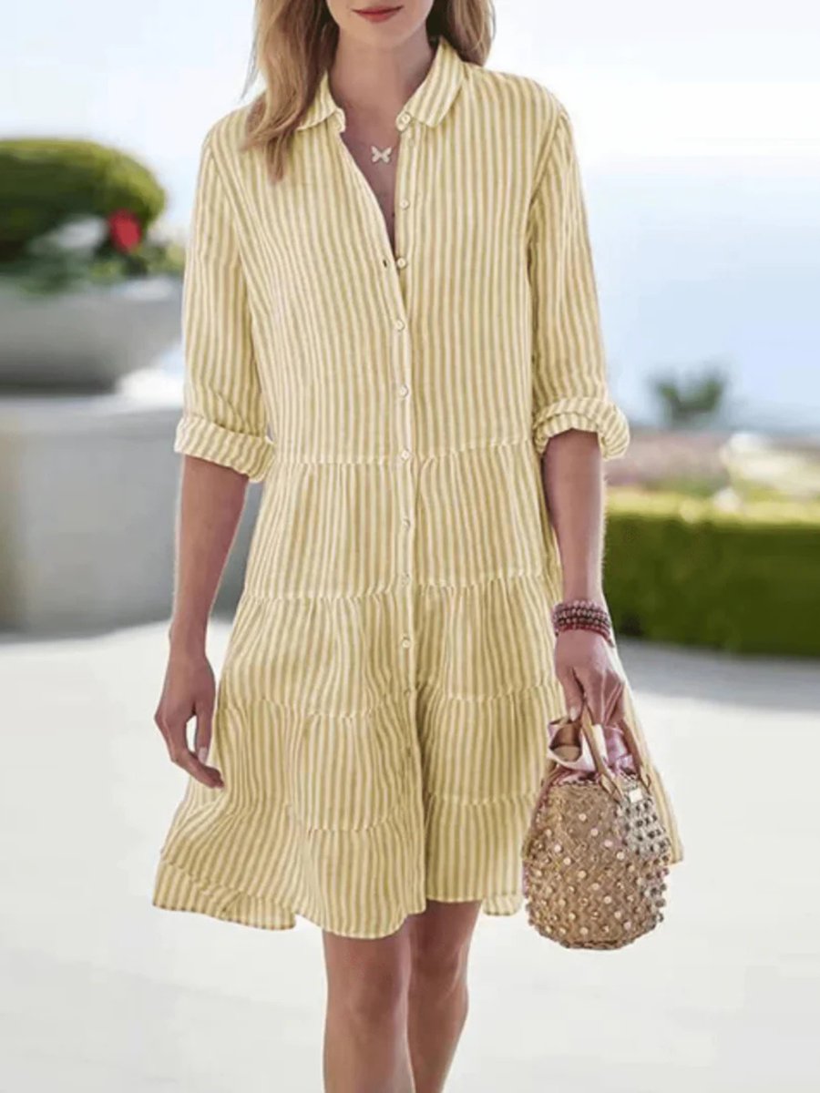 Women's Vintage Striped Blouse Loose Shirt-Collar Midi Dress