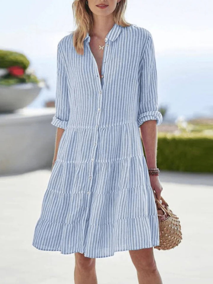 Women's Vintage Striped Blouse Loose Shirt-Collar Midi Dress