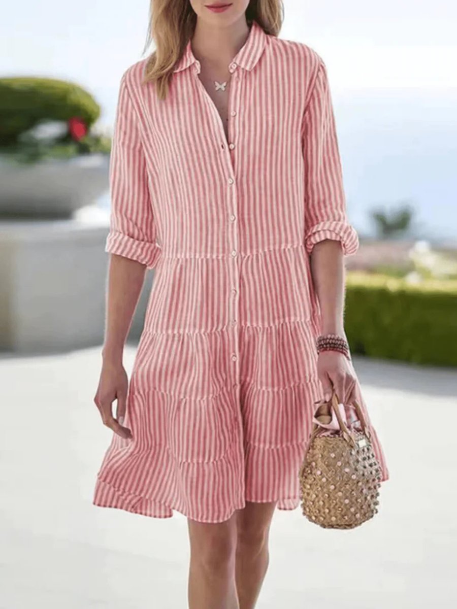 Women's Vintage Striped Blouse Loose Shirt-Collar Midi Dress