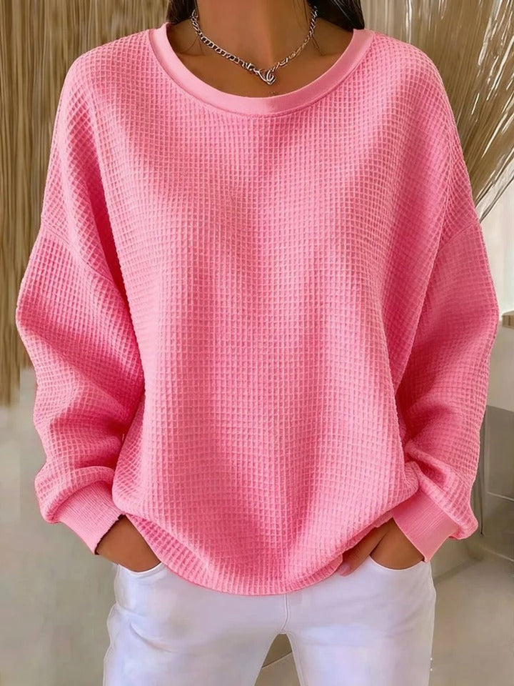 Women's Waffle-Knit Oversized Long-Sleeve Henley Crew-Neck Jumper