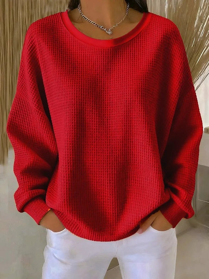 Women's Waffle-Knit Oversized Long-Sleeve Henley Crew-Neck Jumper