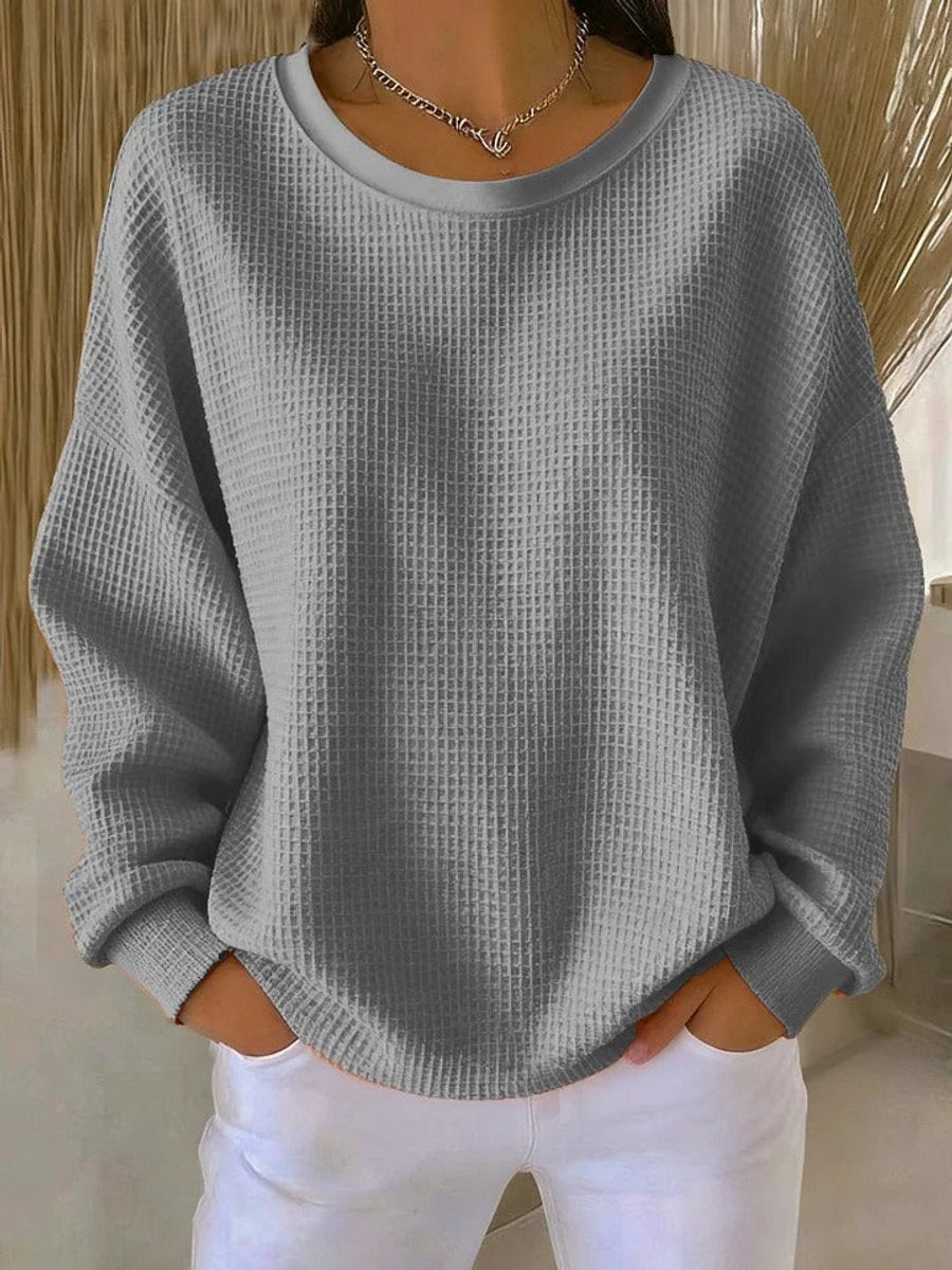 Women's Waffle-Knit Oversized Long-Sleeve Henley Crew-Neck Jumper