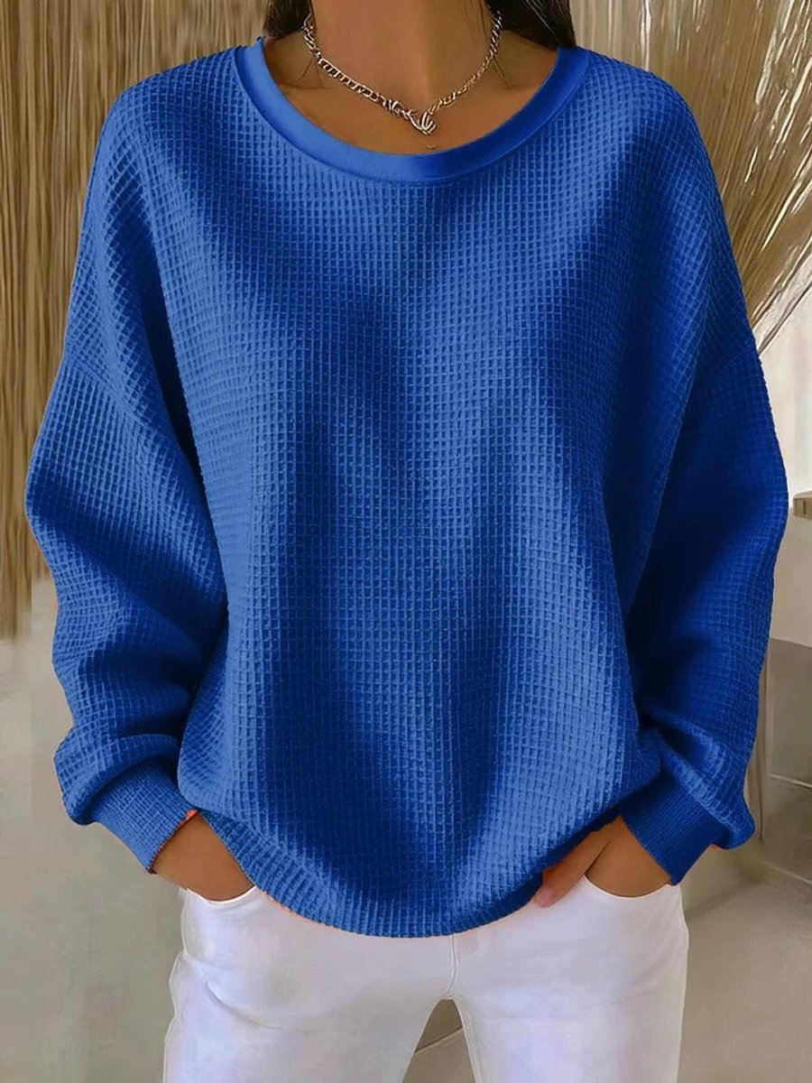 Women's Waffle-Knit Oversized Long-Sleeve Henley Crew-Neck Jumper