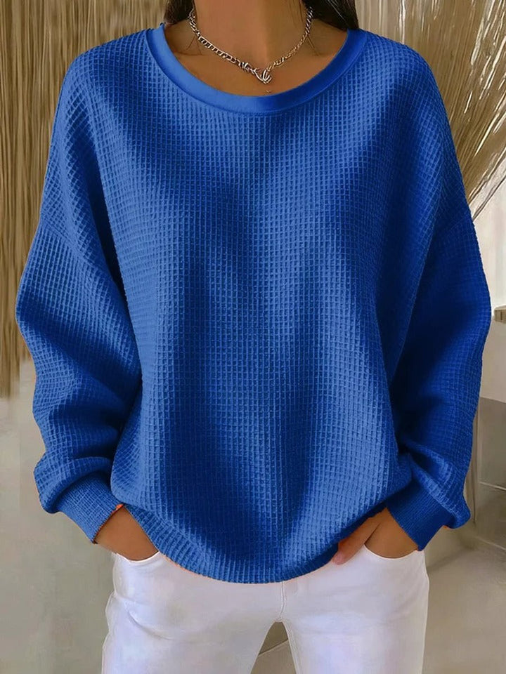 Women's Waffle-Knit Oversized Long-Sleeve Henley Crew-Neck Jumper