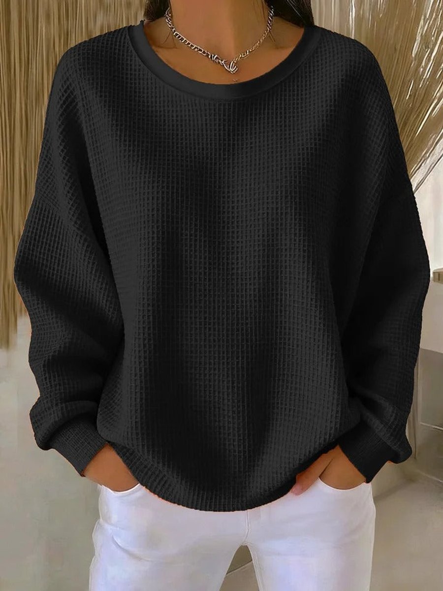 Women's Waffle-Knit Oversized Long-Sleeve Henley Crew-Neck Jumper