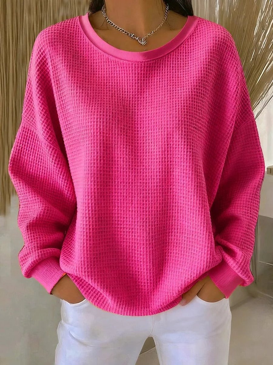 Women's Waffle-Knit Oversized Long-Sleeve Henley Crew-Neck Jumper