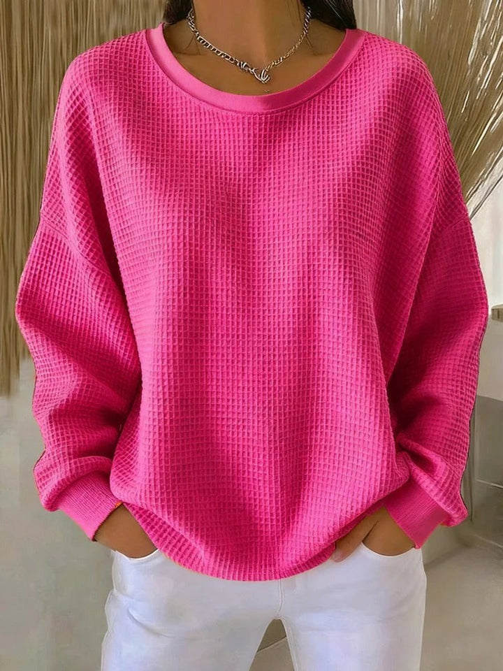 Women's Waffle-Knit Oversized Long-Sleeve Henley Crew-Neck Jumper