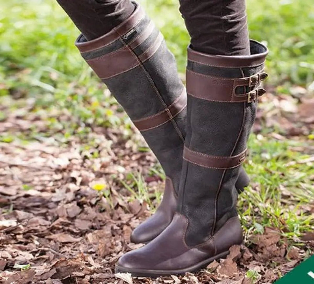 Women's Waterproof Buckle-Strap Knee-High Leather Boots - Coffee