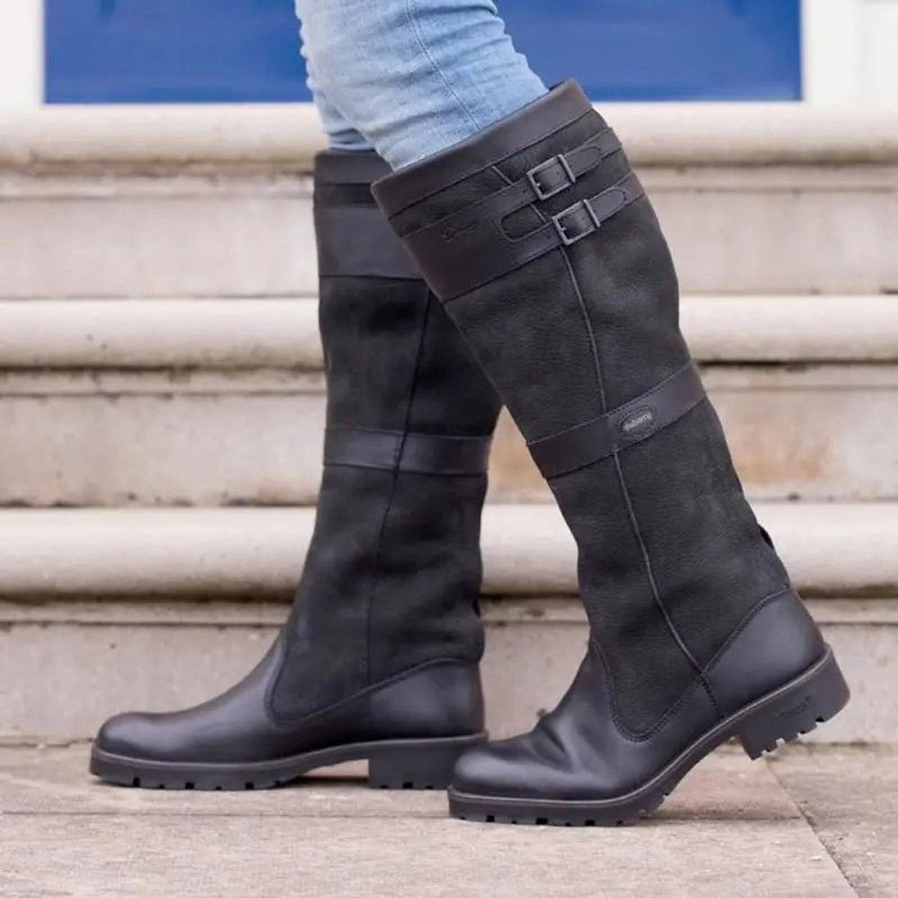 Women's Waterproof Buckle-Strap Knee-High Leather Boots - Black