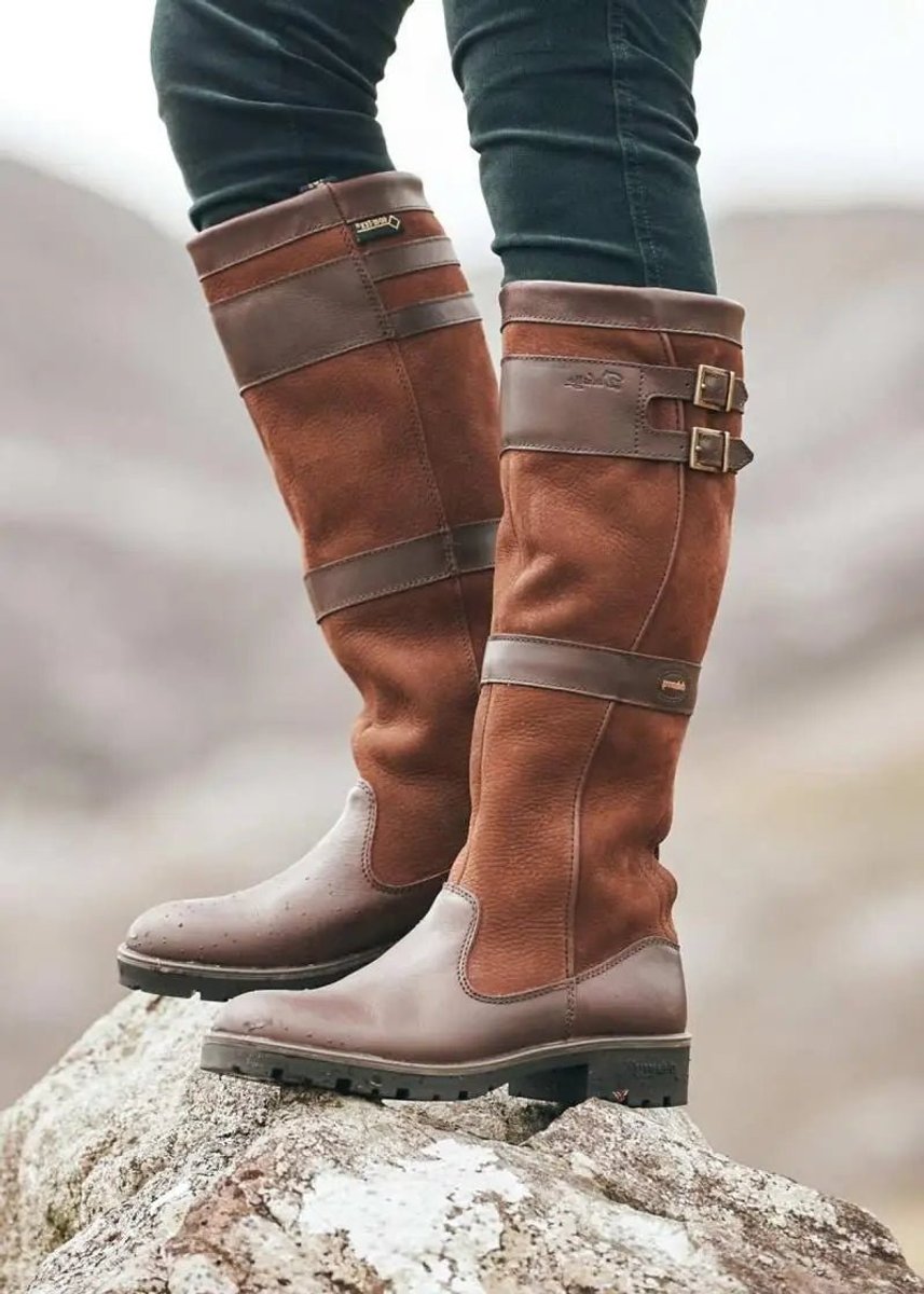 Women's Waterproof Buckle-Strap Knee-High Leather Boots - Brown