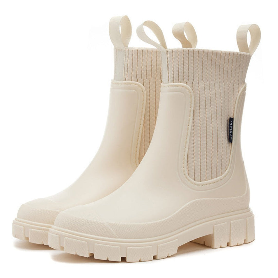 Women's Waterproof Chelsea Boots Knit-Collar Rubber Wellingtons - Beige