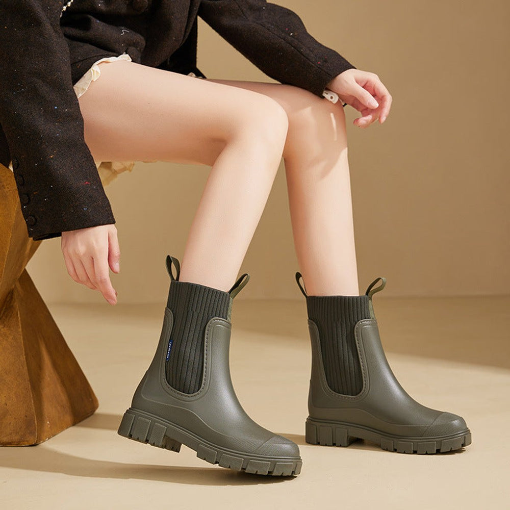 Women's Waterproof Chelsea Boots Knit-Collar Rubber Wellingtons