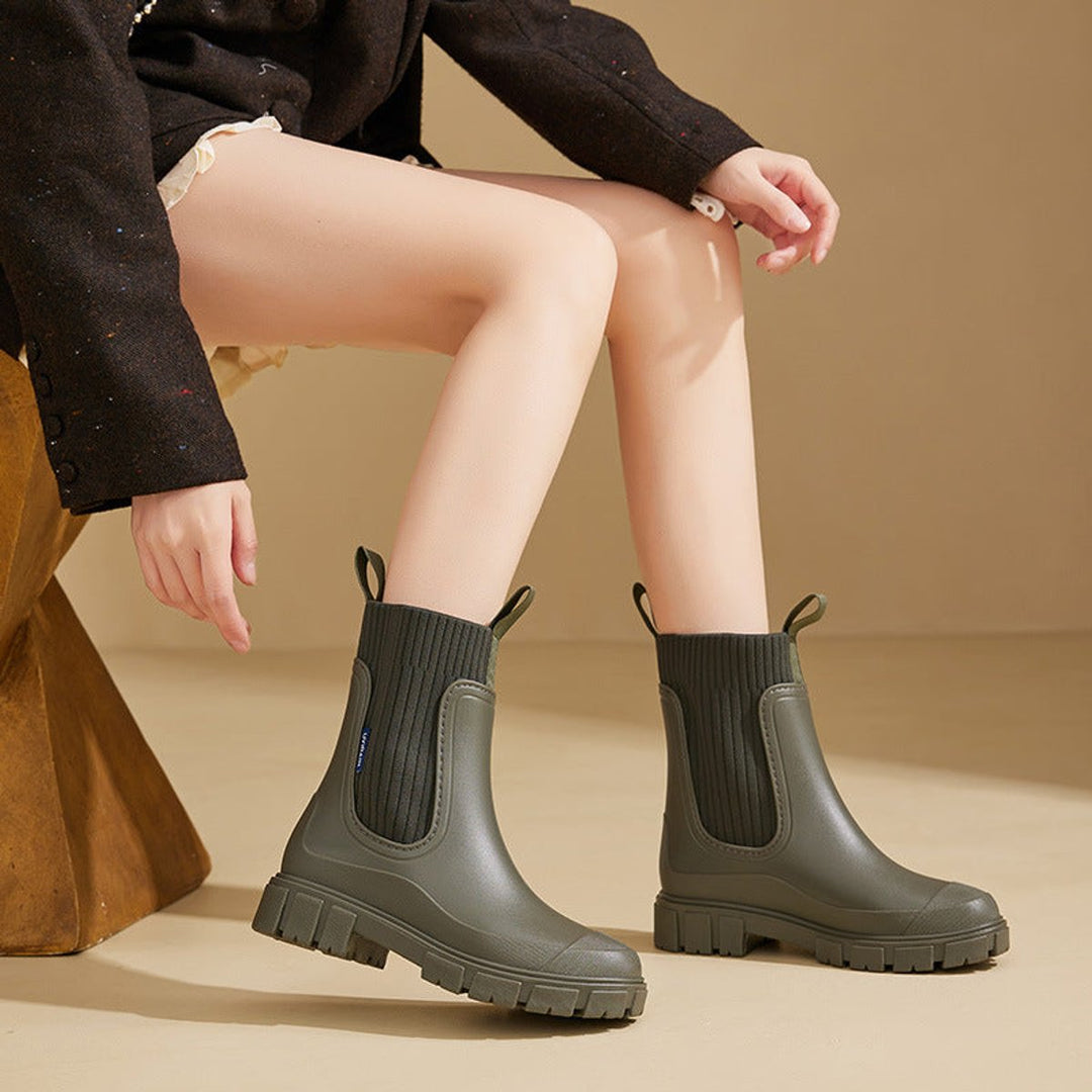 Women's Waterproof Chelsea Boots Knit-Collar Rubber Wellingtons