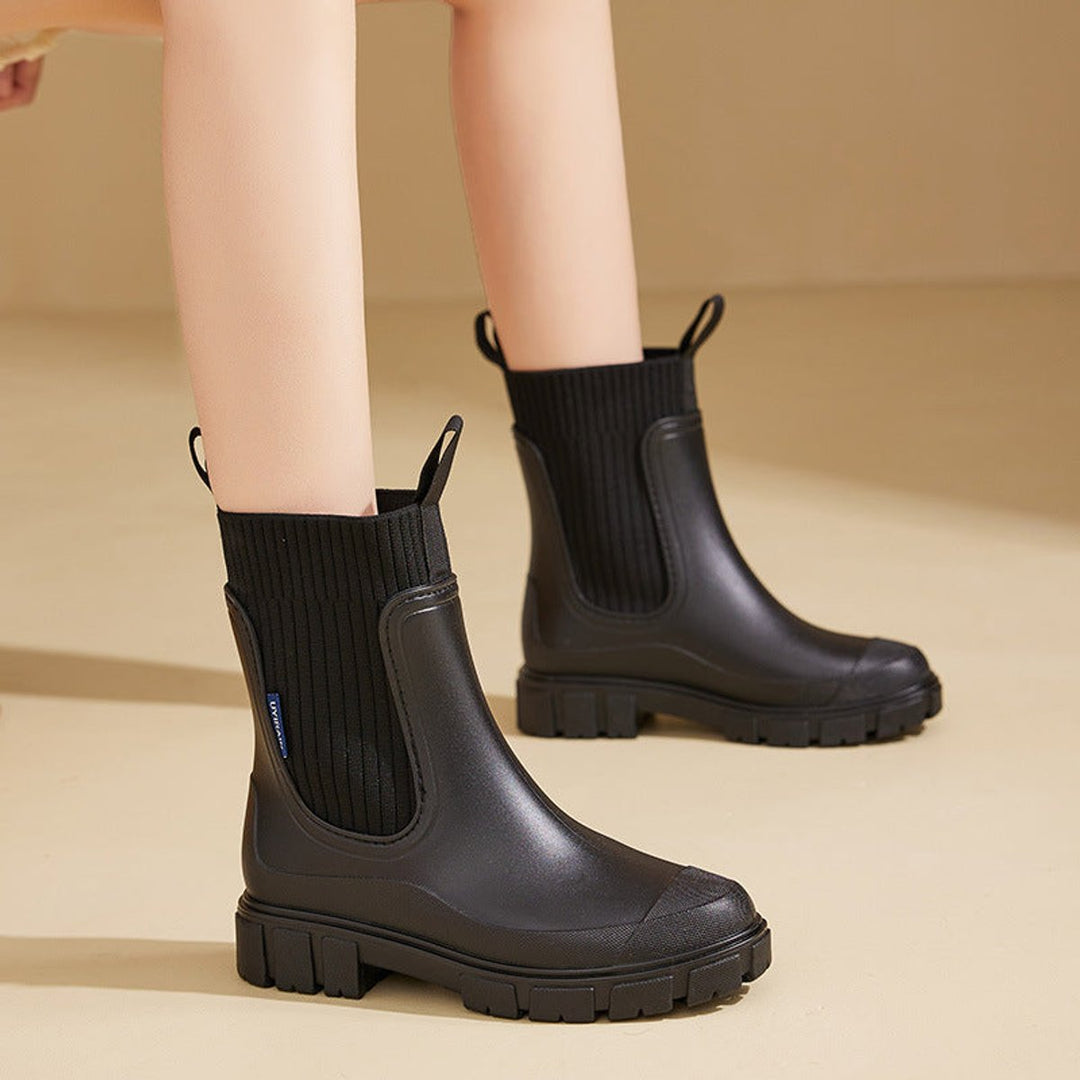Women's Waterproof Chelsea Boots Knit-Collar Rubber Wellingtons