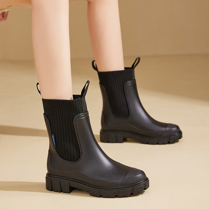 Women's Waterproof Chelsea Boots Knit-Collar Rubber Wellingtons