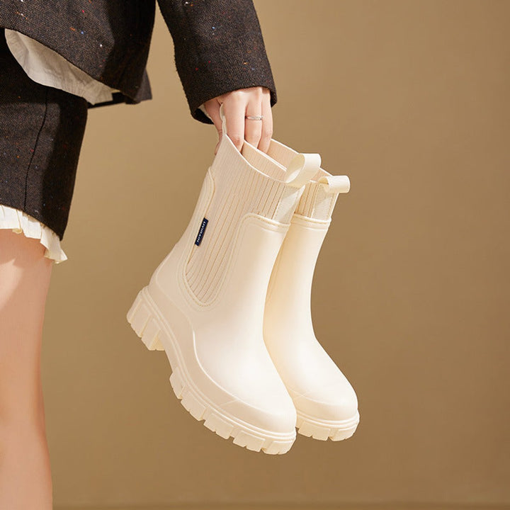 Women's Waterproof Chelsea Boots Knit-Collar Rubber Wellingtons