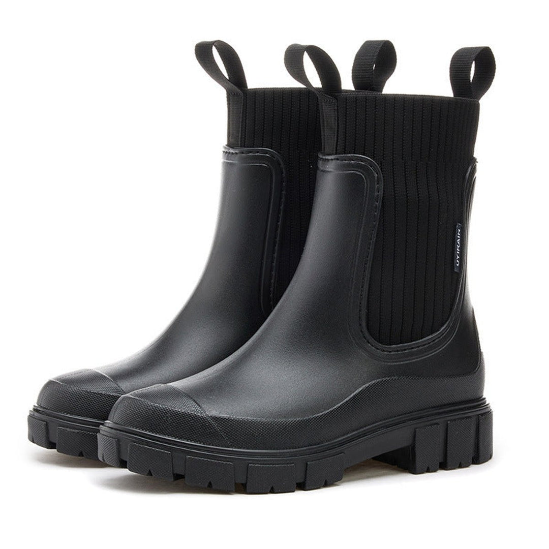 Women's Waterproof Chelsea Boots Knit-Collar Rubber Wellingtons - Black