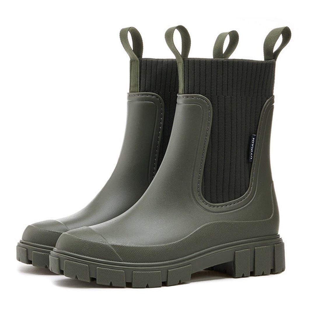 Women's Waterproof Chelsea Boots Knit-Collar Rubber Wellingtons - Green