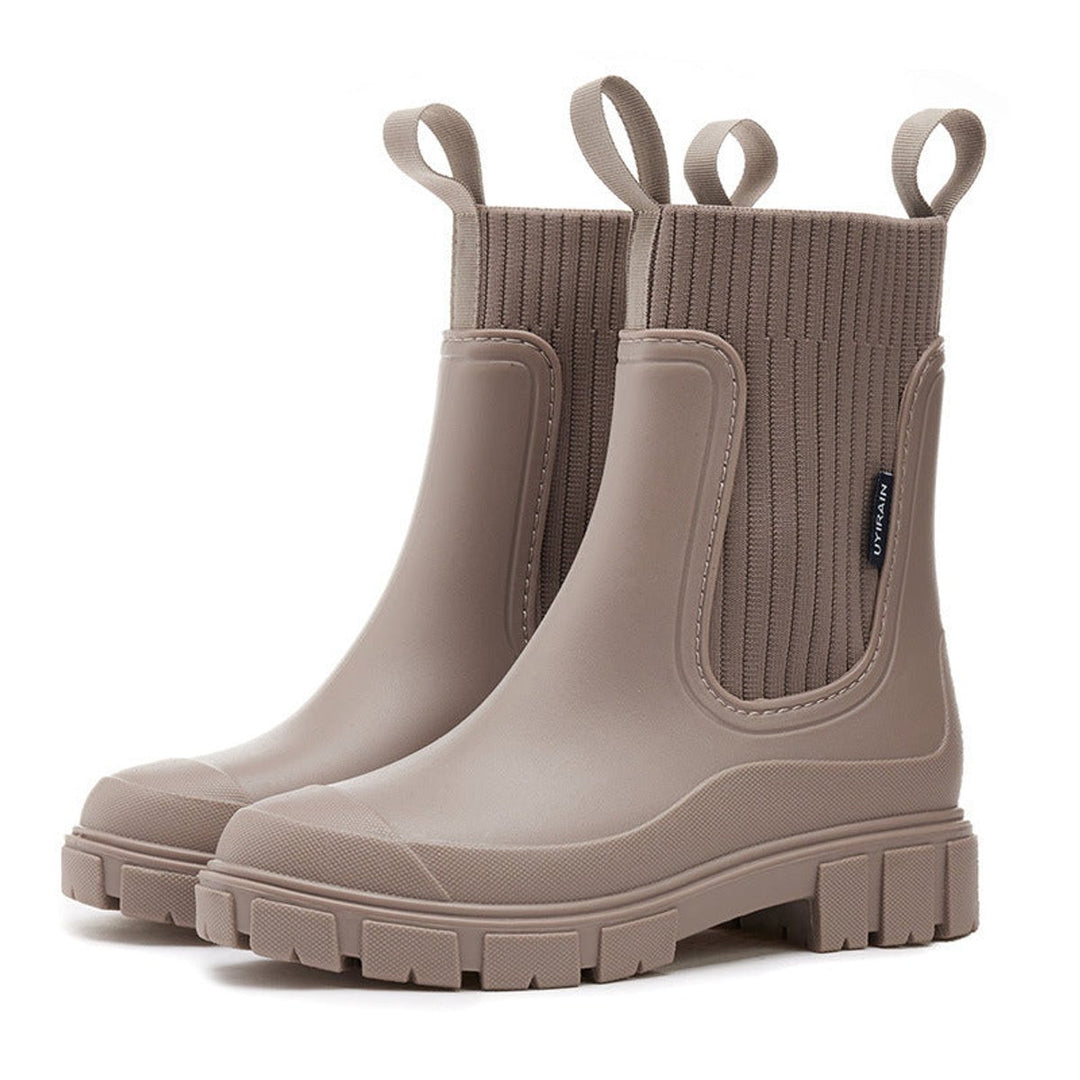 Women's Waterproof Chelsea Boots Knit-Collar Rubber Wellingtons - Khaki