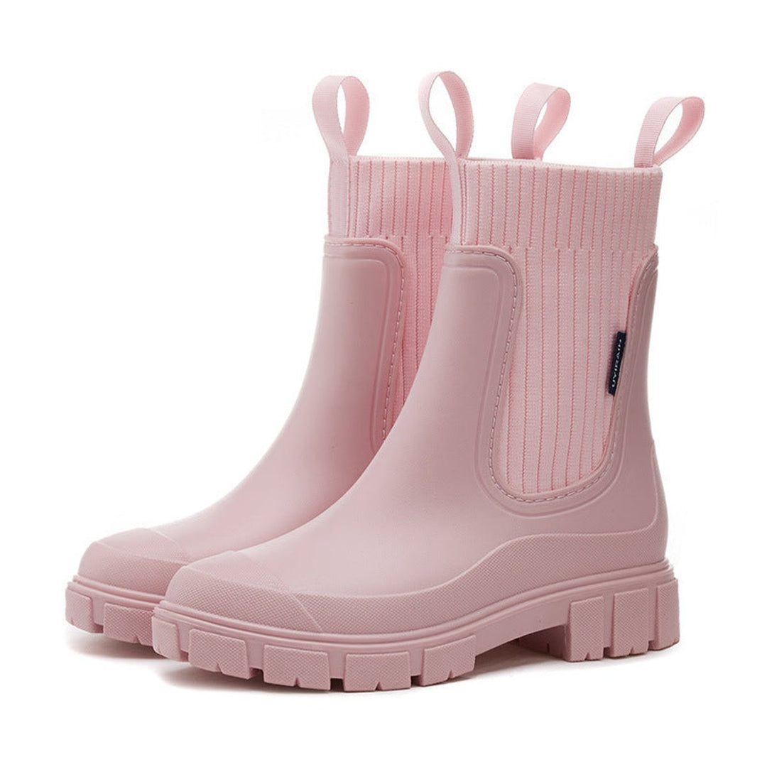 Women's Waterproof Chelsea Boots Knit-Collar Rubber Wellingtons - Pink