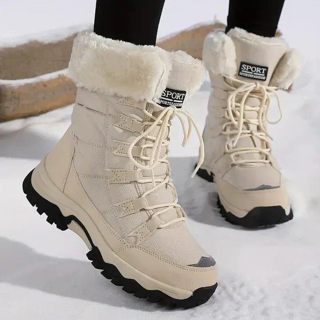 Women's Waterproof Faux-Fur Lined Lace-Up Snow Ankle Boots - Beige