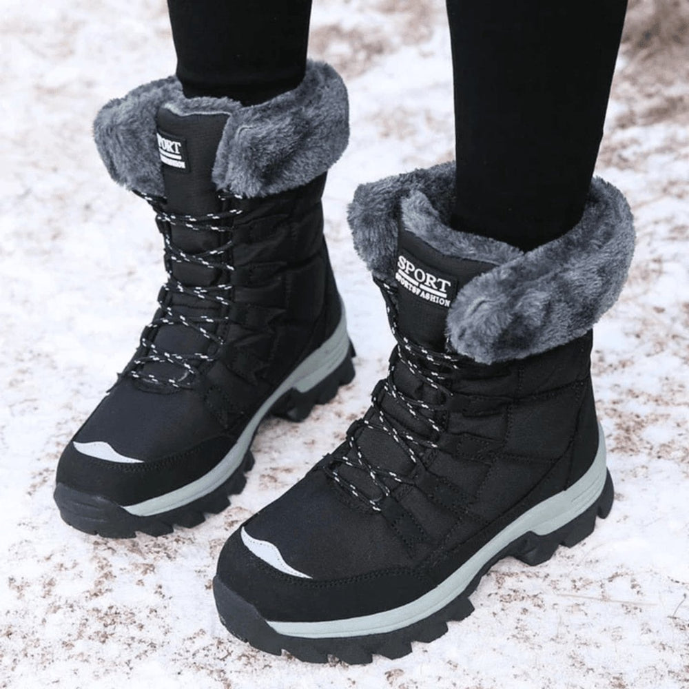 Women's Waterproof Faux-Fur Lined Lace-Up Snow Ankle Boots - Black