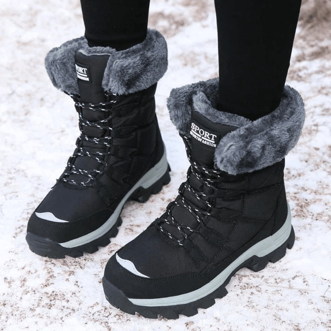 Women's Waterproof Faux-Fur Lined Lace-Up Snow Ankle Boots - Black