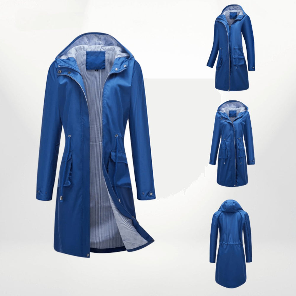 Women's Waterproof Hooded Midi Trench Coat Adjustable Waist