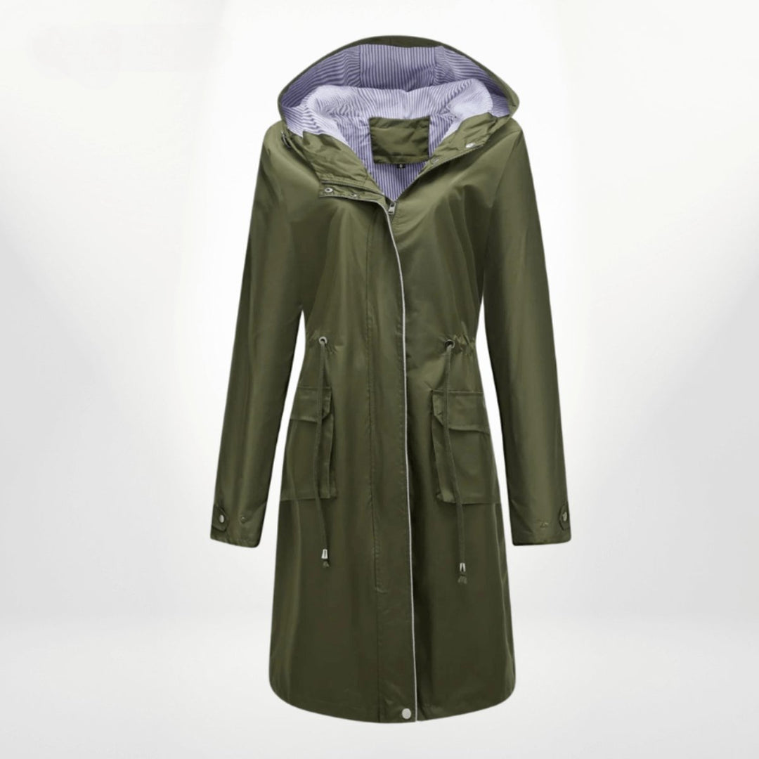 Women's Waterproof Hooded Midi Trench Coat Adjustable Waist