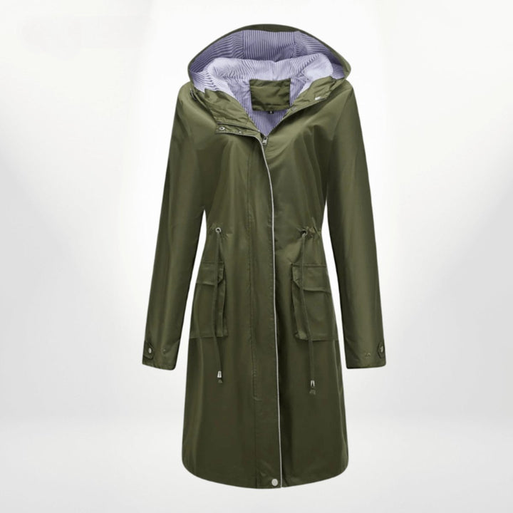 Women's Waterproof Hooded Midi Trench Coat Adjustable Waist