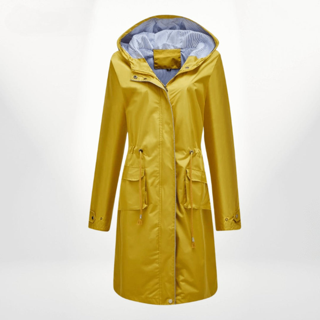 Women's Waterproof Hooded Midi Trench Coat Adjustable Waist