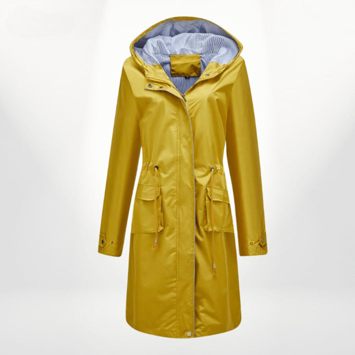 Women's Waterproof Hooded Midi Trench Coat Adjustable Waist